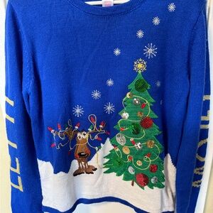Holiday Time Festive Blue Sweater with Reindeer and Tree Women